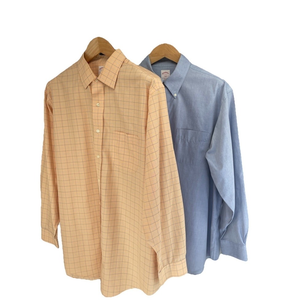 LOT OF 2 Brooks Brothers Dress Shirts 17 4/5 (XL) 1 Blue 1 Orange Plaid Non Iron